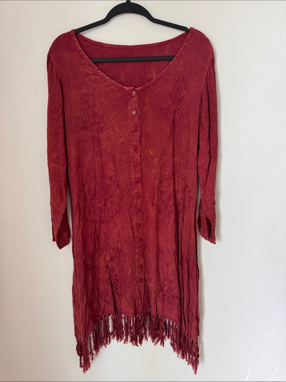 Vintage 90s Acid Wash Embroidered Fringe Tunic Dress Boho Festival Hippie M/L - Picture 2 of 12